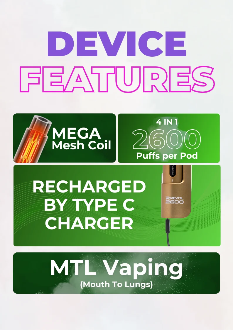 Specifications of Revol 2600 4 in 1 pre filled pods