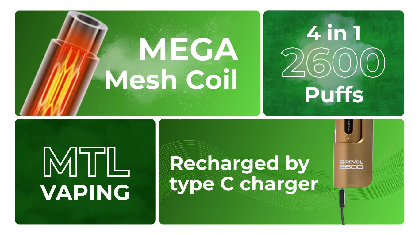 Specifications of Revol 2600 4 in 1 pre filled pods